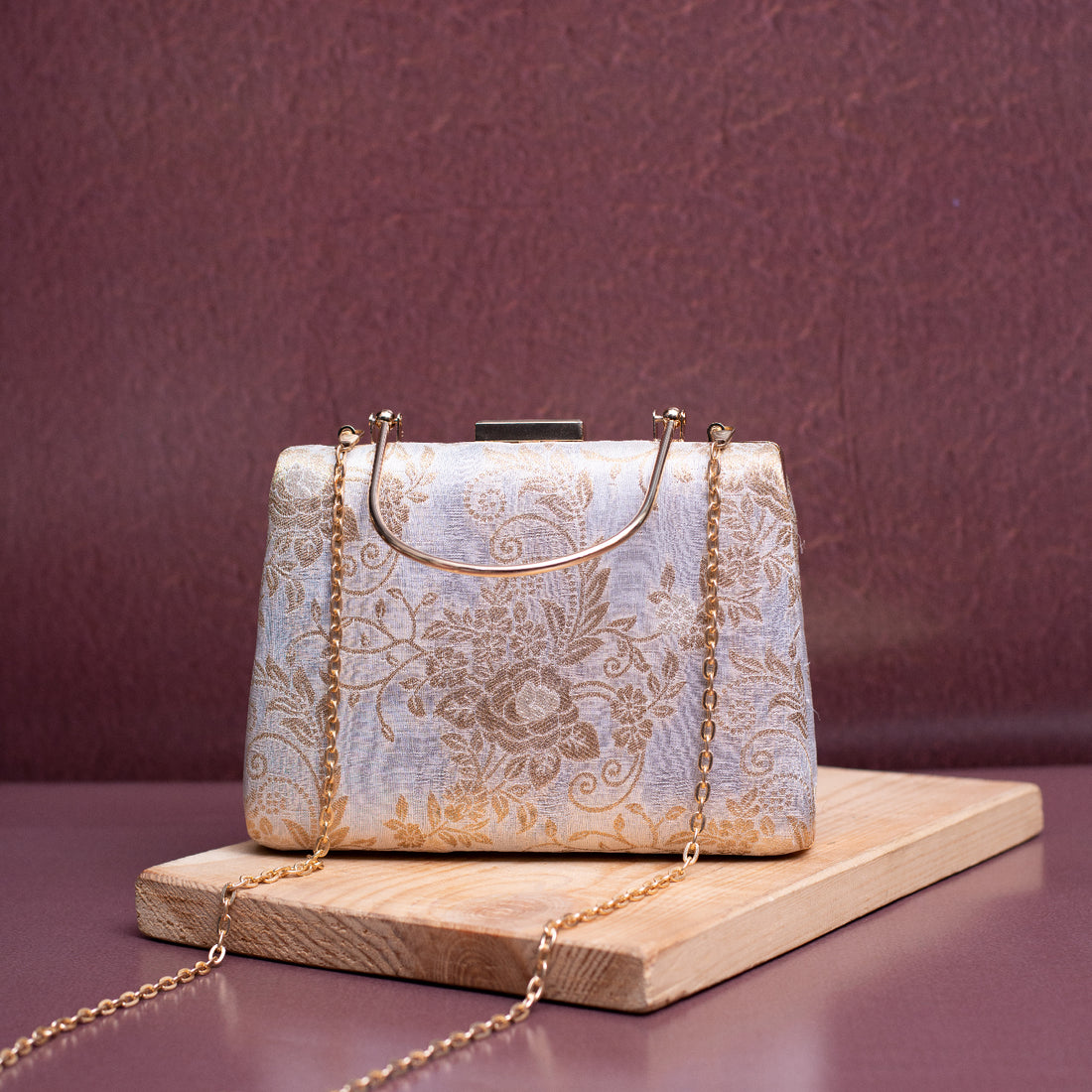 Artklim White Based Golden Floral Brocade Fabric Clutch