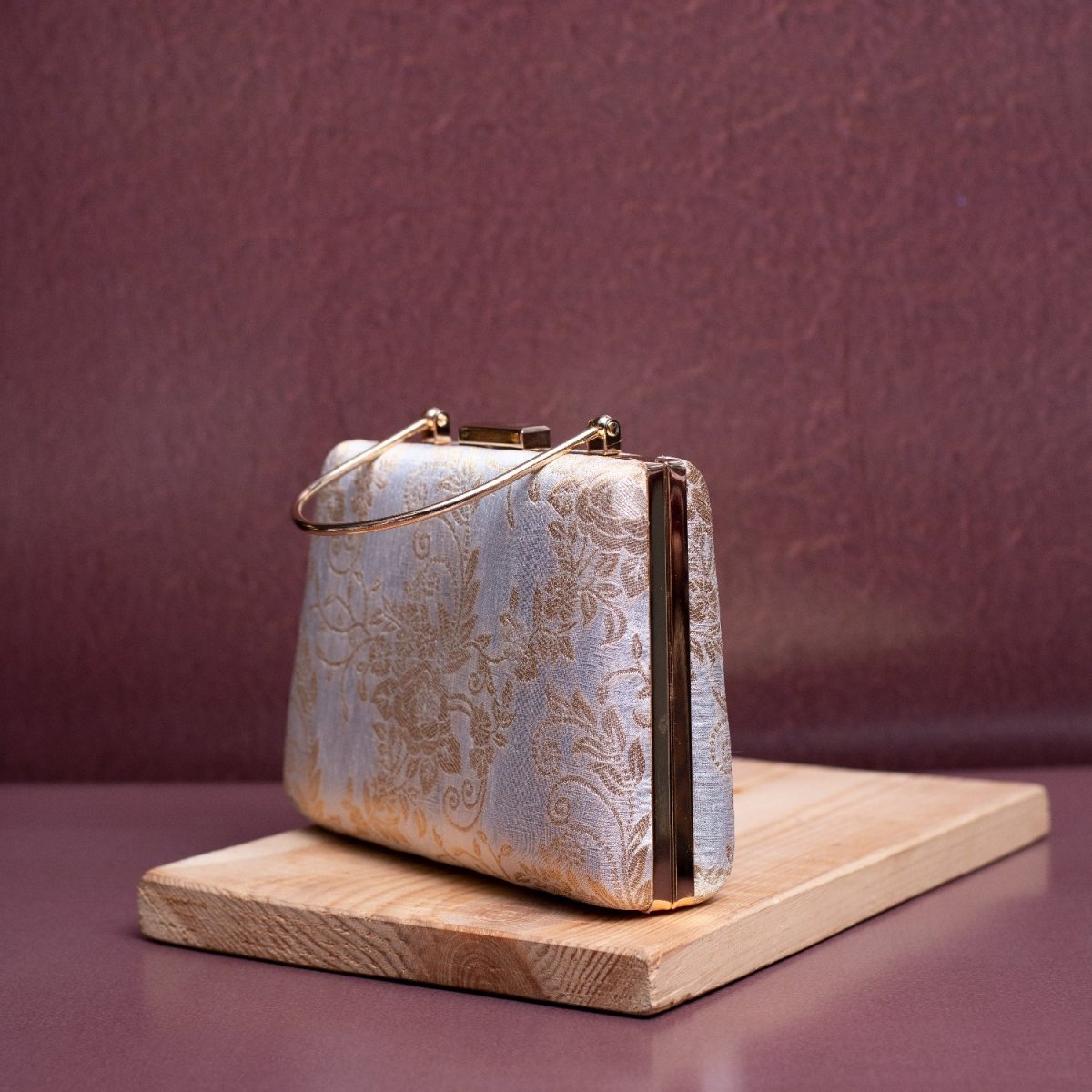 Artklim White Based Golden Floral Brocade Fabric Clutch