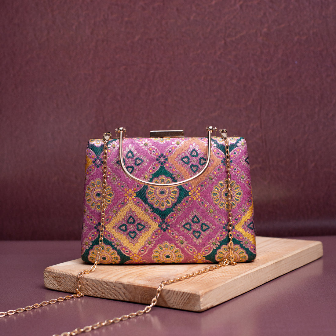 Artklim Pink Based Pattern Printed Silk Fabric Clutch