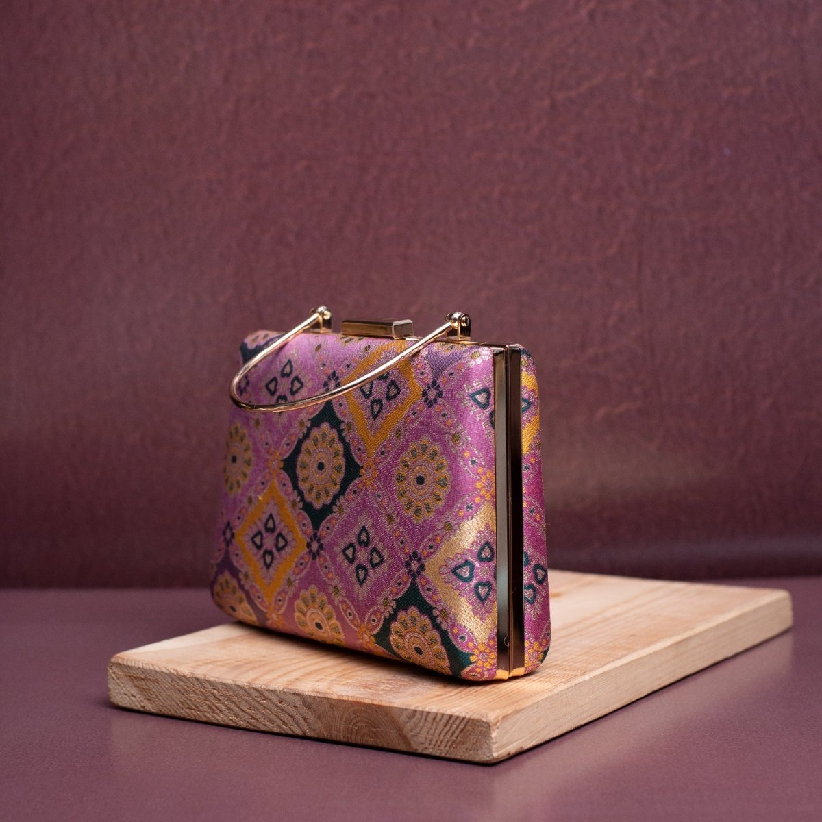 Artklim Pink Based Pattern Printed Silk Fabric Clutch