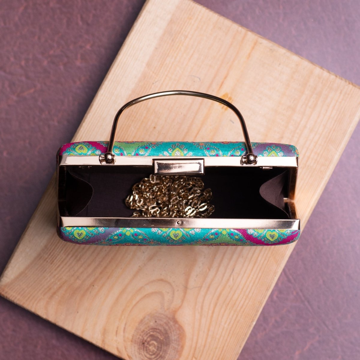 Artklim Blue Based Pattern Printed Silk Fabric Clutch