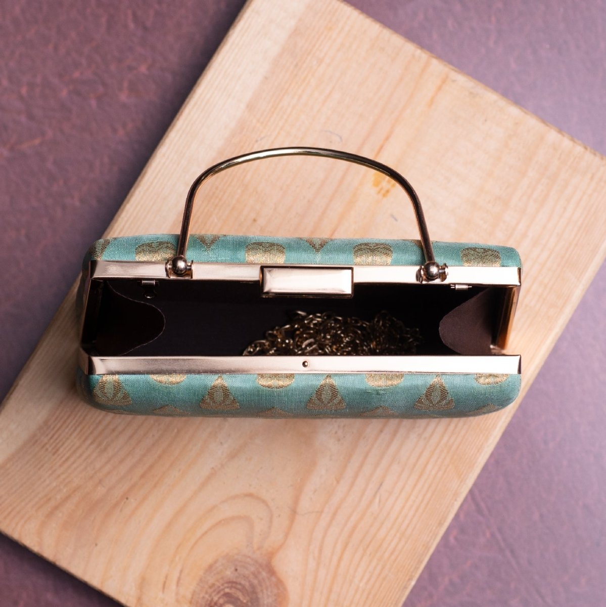 Artklim Marine Green Based Golden Pattern Brocade Fabric Clutch