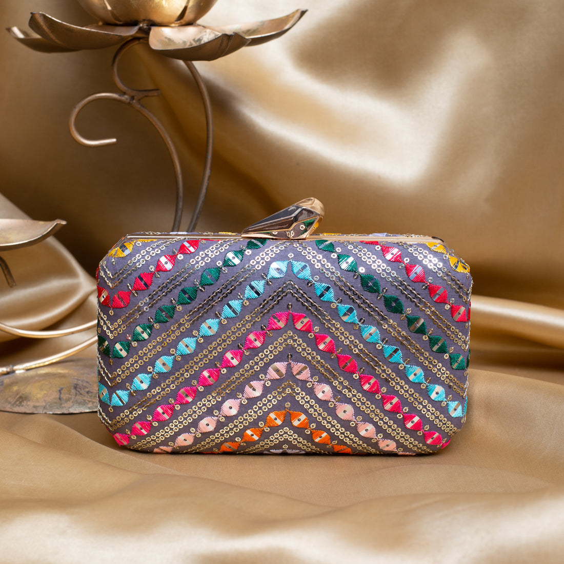 Artklim Grey Based Multicoloured Sequins Embroidery Clutch