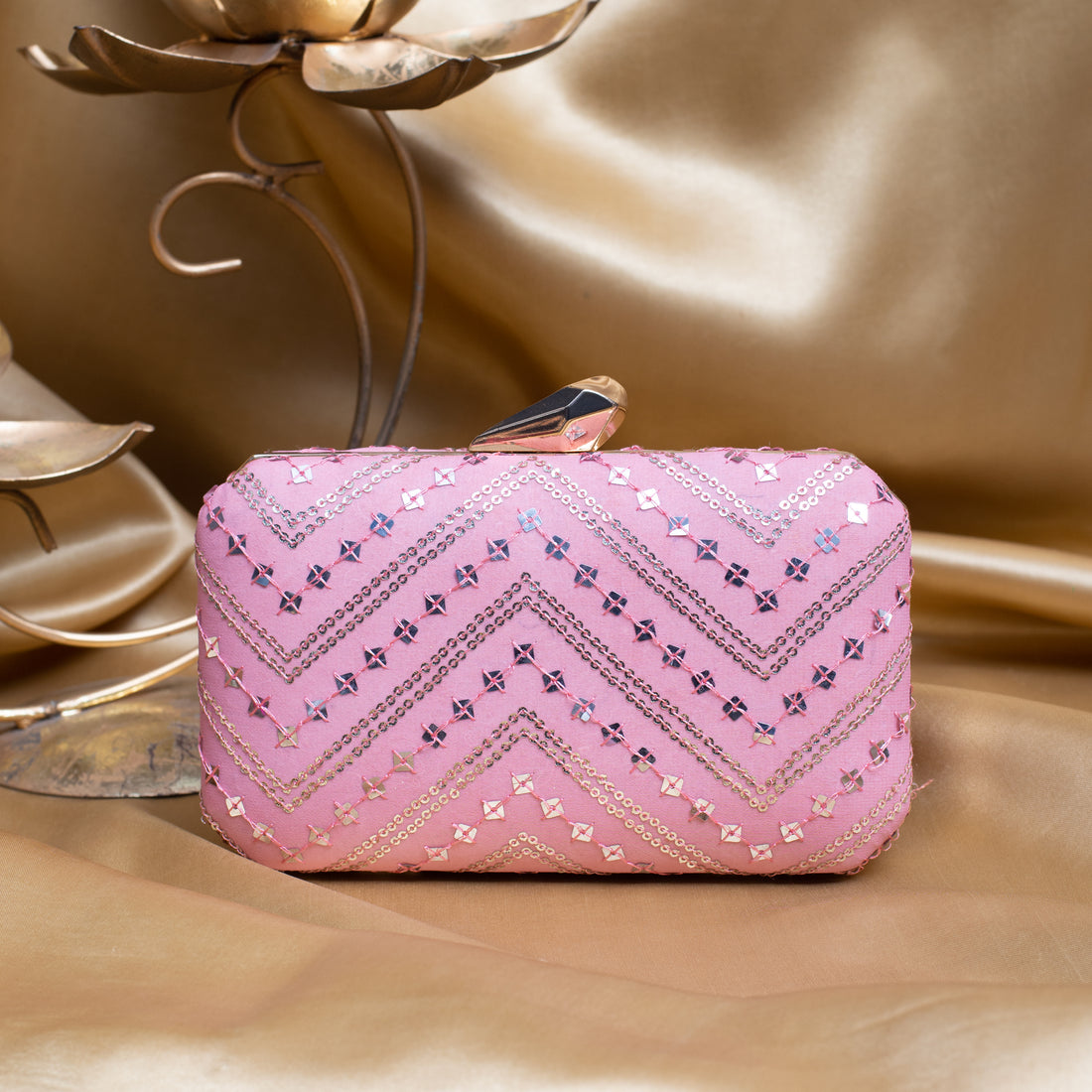 Artklim Light Pink Based Silver Sequins Embroidery Clutch