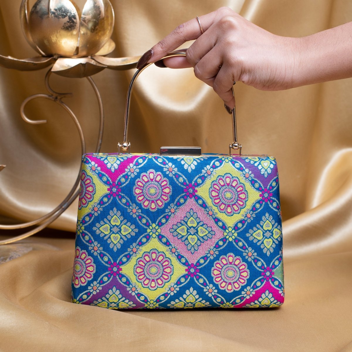 Artklim Blue Based Multipattern Printed Brocade Fabric Clutch