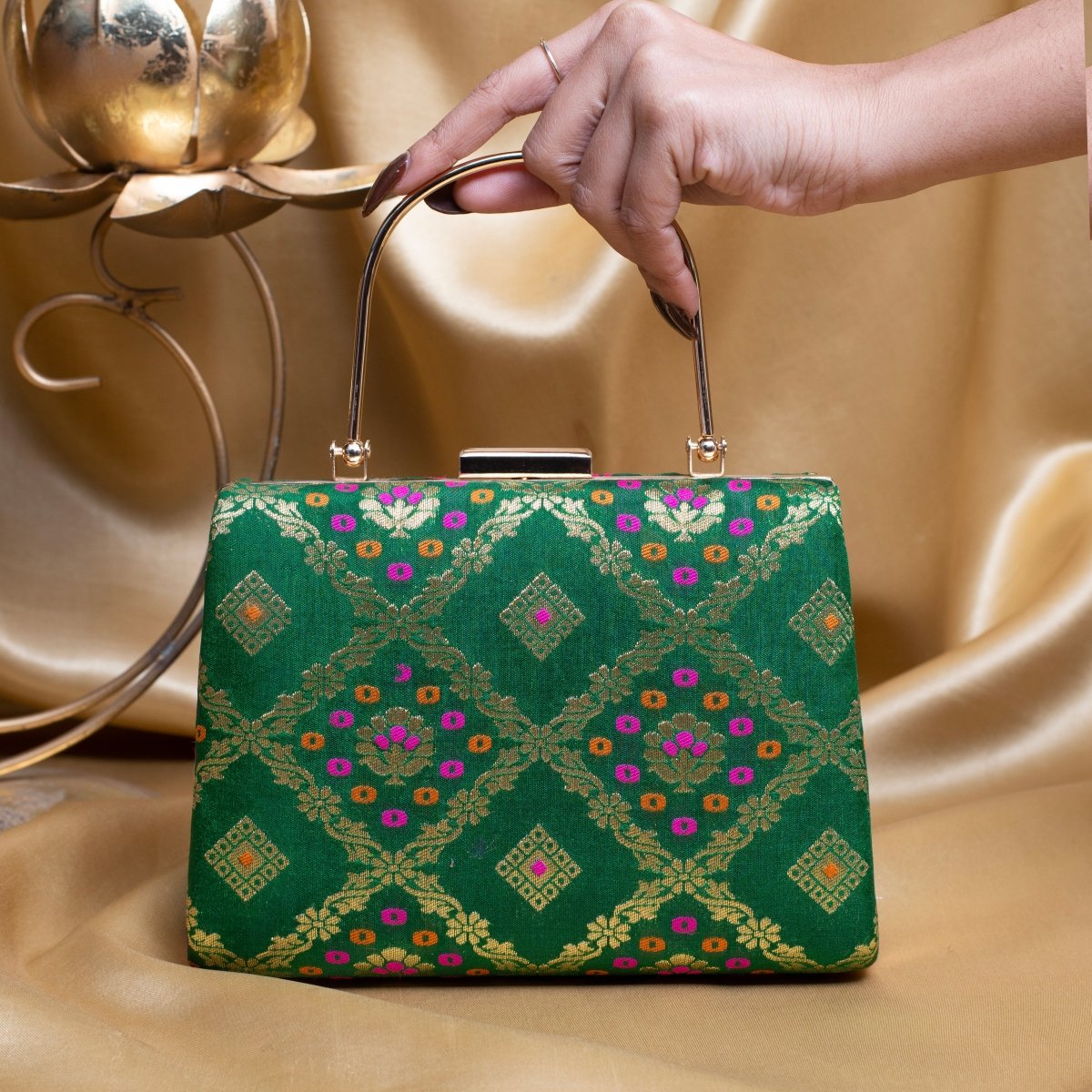 Artklim Green Based Pink Pattern Printed Brocade Fabric Clutch