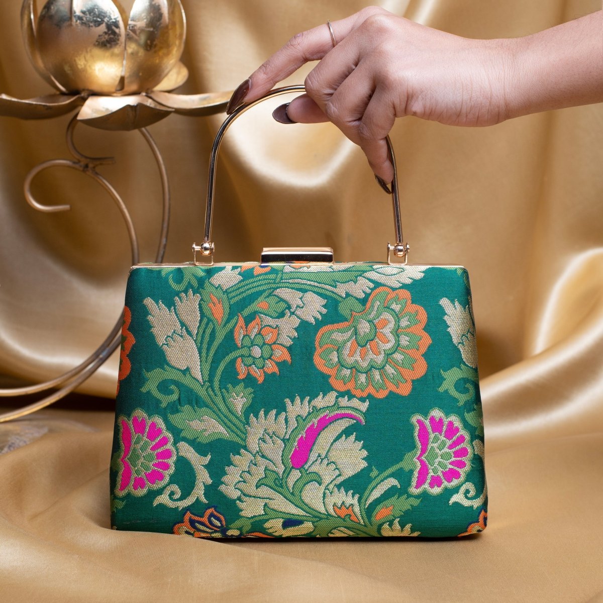 Artklim Dark Green Based Floral Pattern Printed Brocade Fabric Clutch