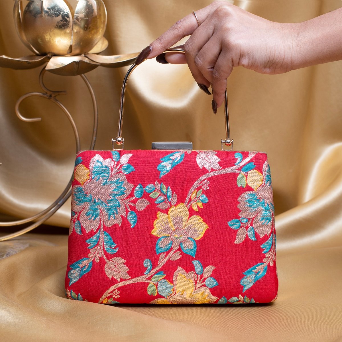 Artklim Red Based Yellow Floral Printed Brocade Fabric Clutch