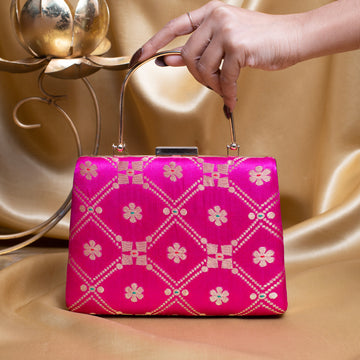 Artklim Magenta Pink Based Silver Pattern Brocade Fabric Clutch
