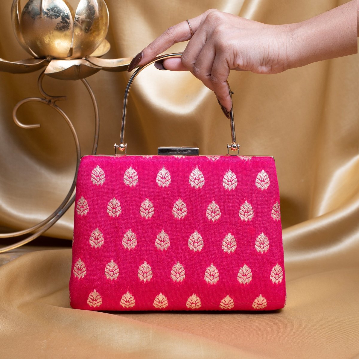 Artklim Pink Based Silver Pattern Printed Brocade Fabric Clutch