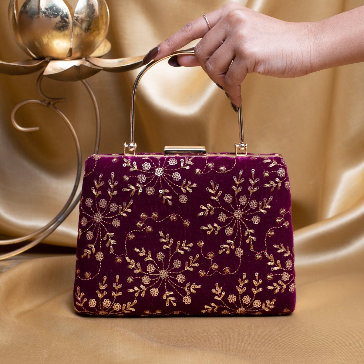 Artklim Maroon Based Golden Sequins Embroidery Clutch