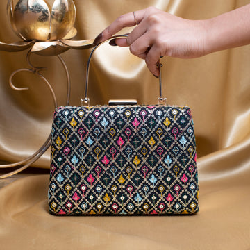 Artklim Black Based Multicolored Threadwork And Sequins Embroidery Clutch