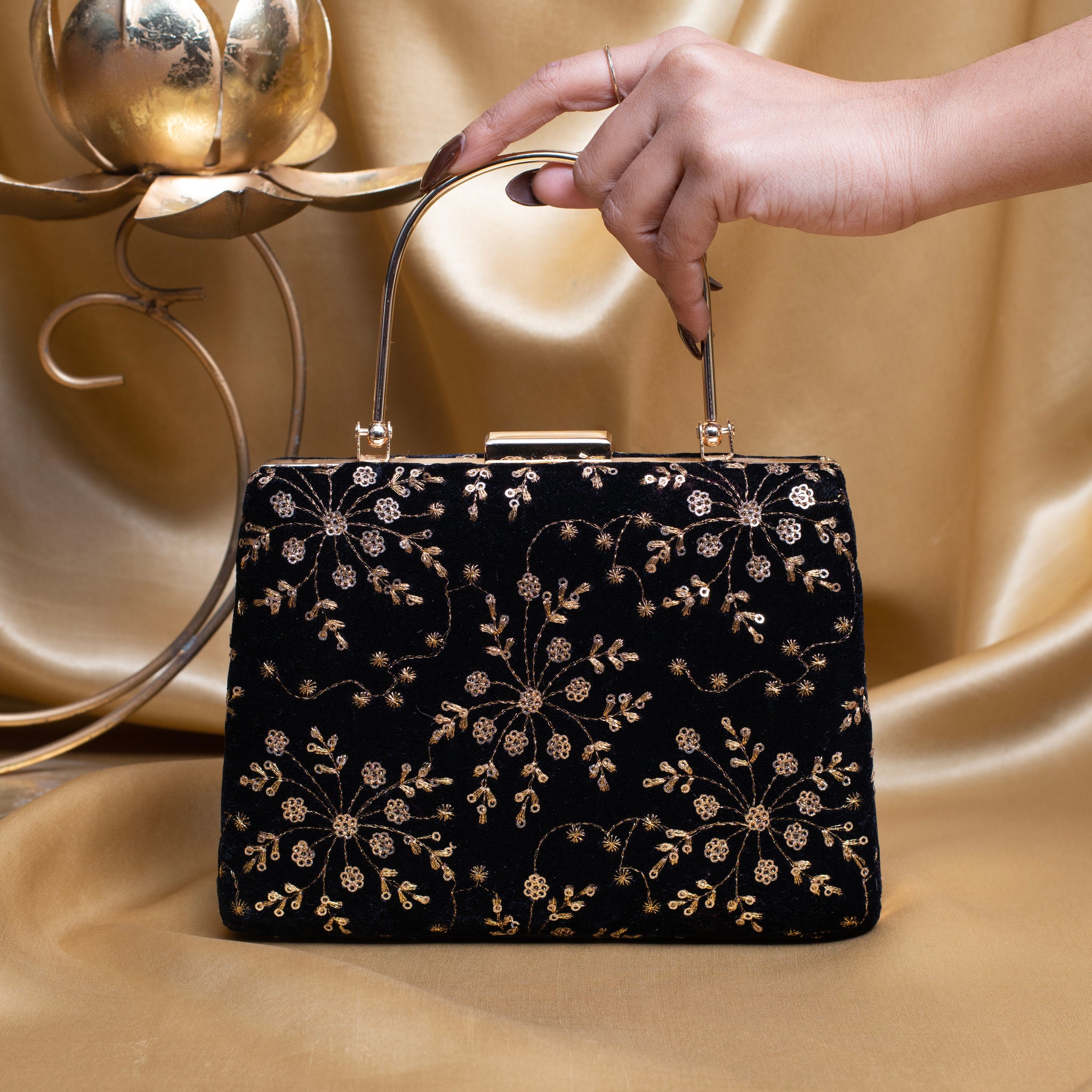 Artklim Black Based Golden Floral Sequins Embroidery Clutch