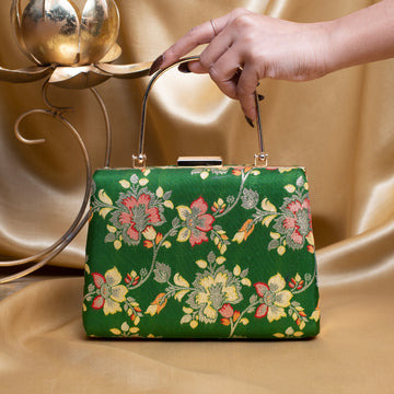 Artklim Dark Olive Green Based Floral Pattern Printed Clutch