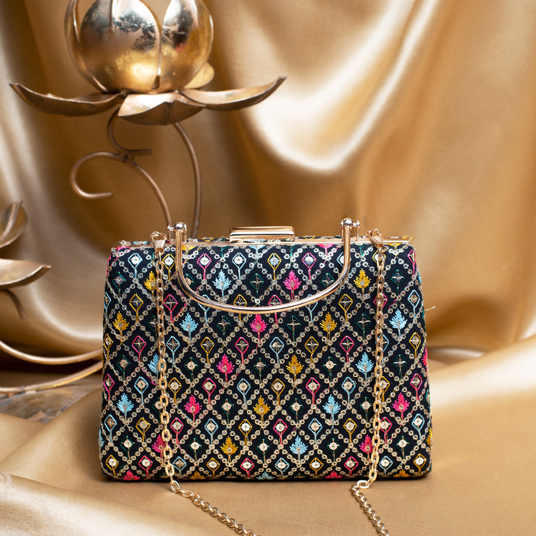 Artklim Black Based Multicolored Threadwork And Sequins Embroidery Clutch