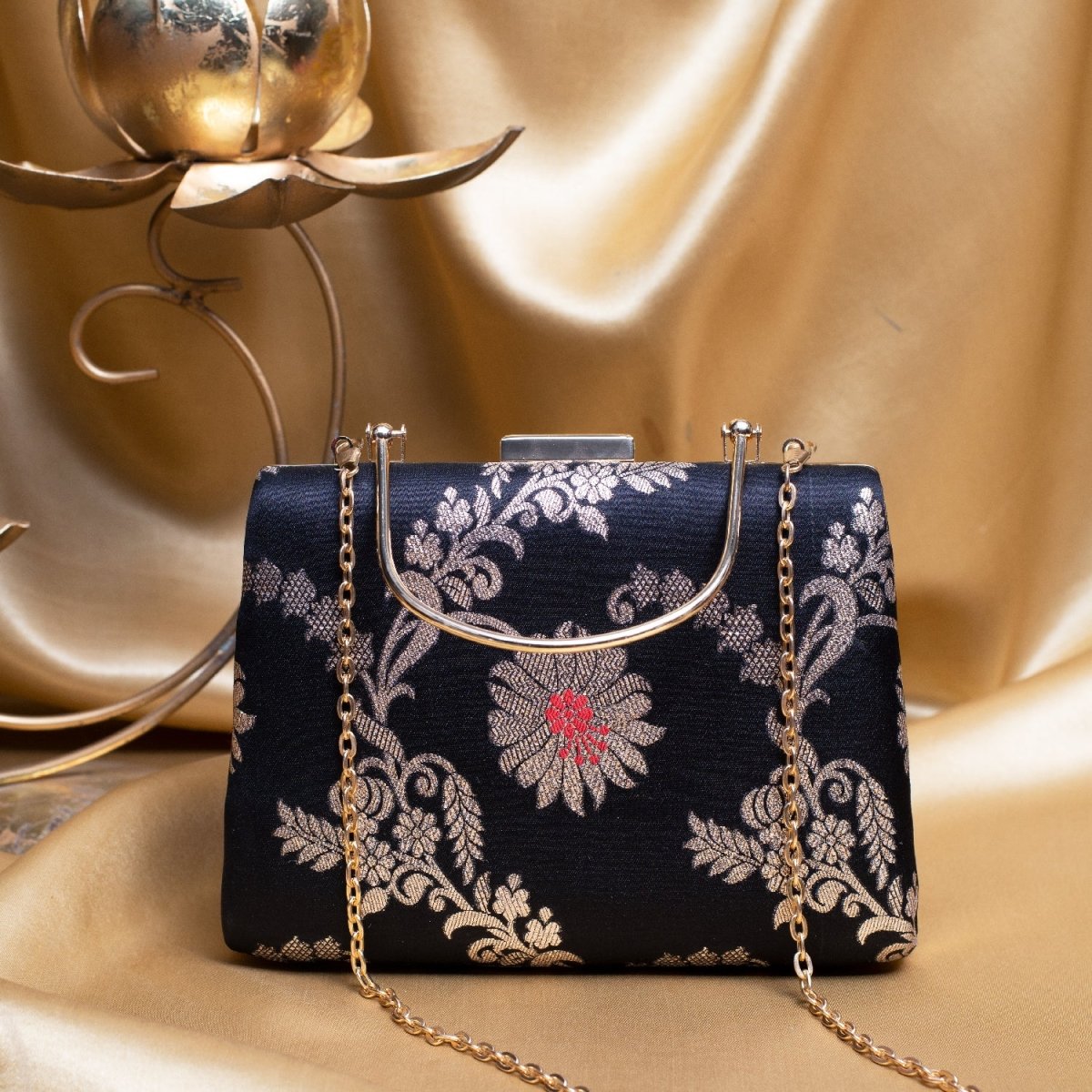 Artklim Black Based Silver Floral Pattern Brocade Fabric Clutch