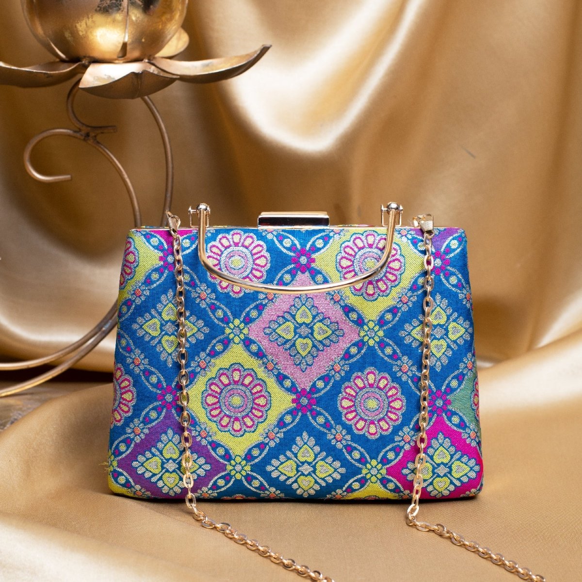 Artklim Blue Based Multipattern Printed Brocade Fabric Clutch