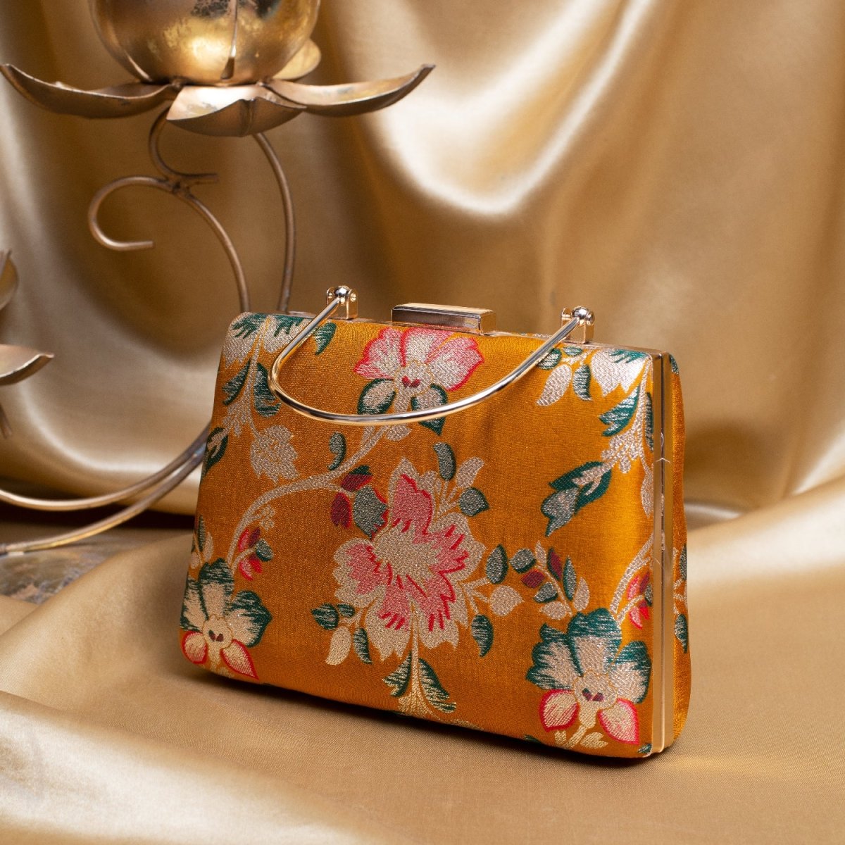 Artklim Yellow Based Pink Floral Printed Brocade Fabric Clutch