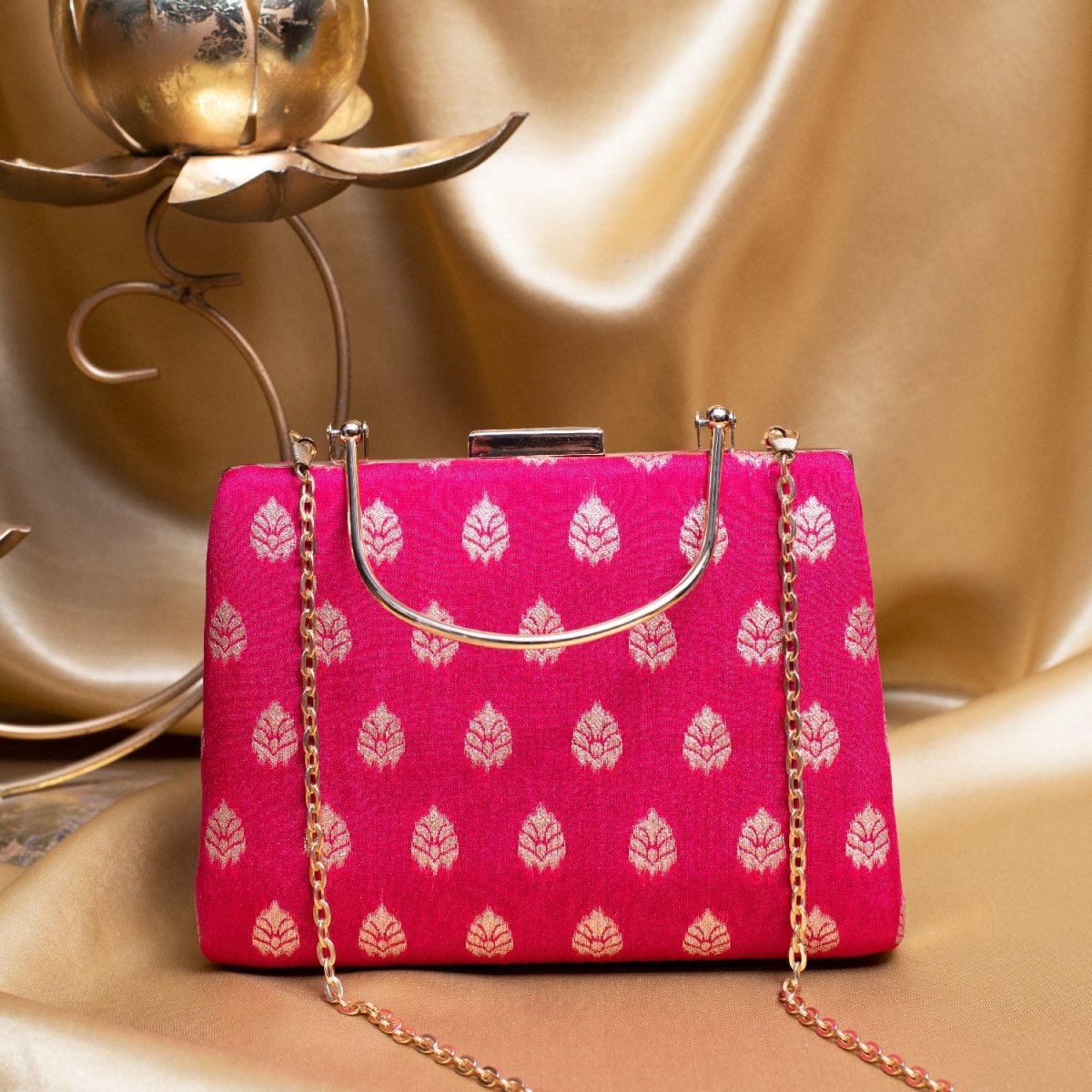 Artklim Pink Based Silver Pattern Printed Brocade Fabric Clutch