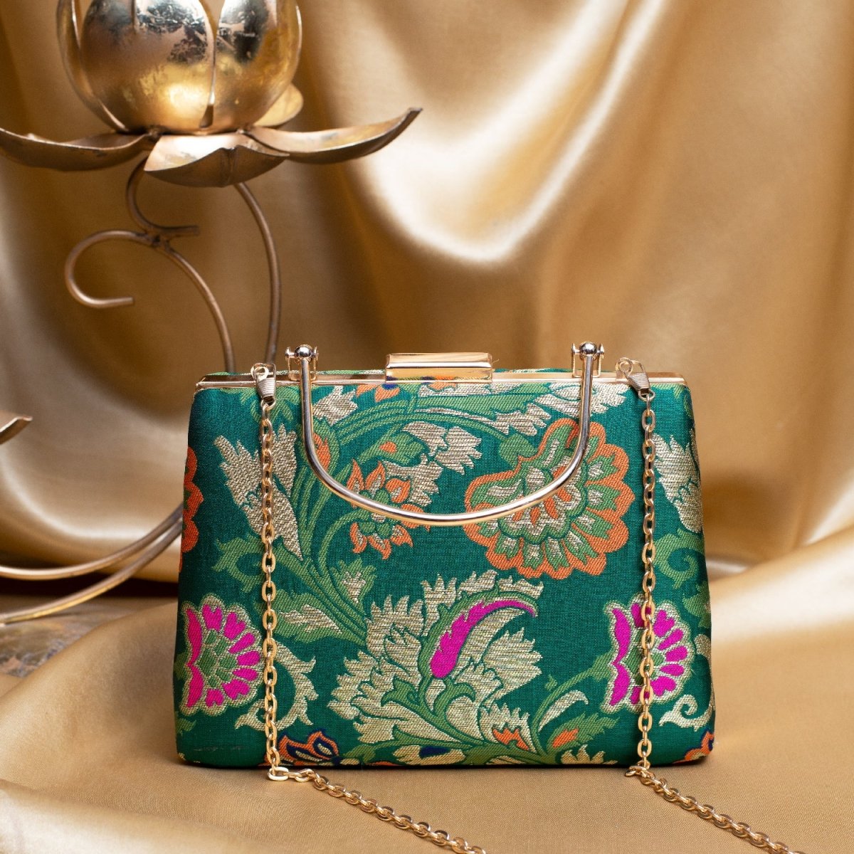 Artklim Dark Green Based Floral Pattern Printed Brocade Fabric Clutch