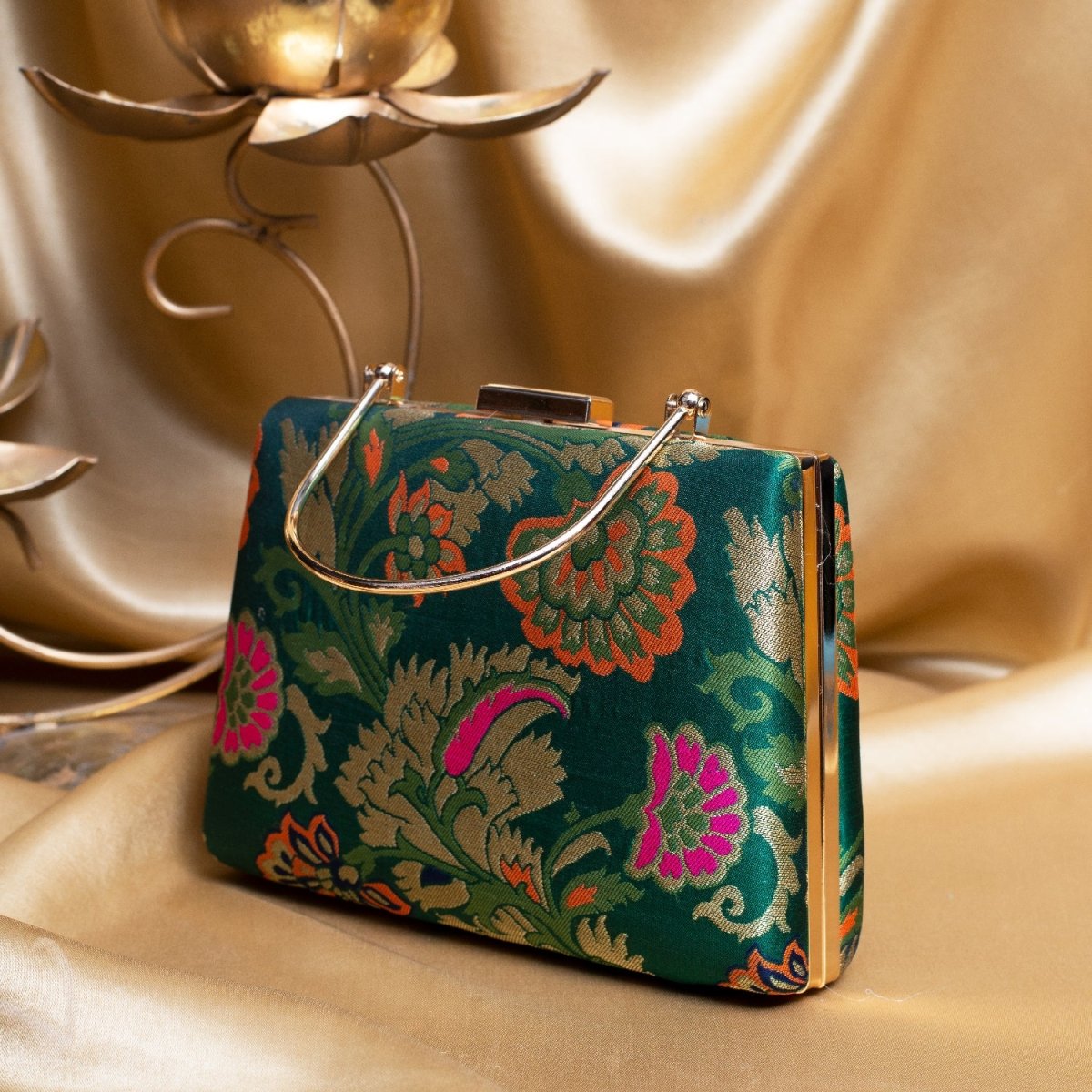 Artklim Dark Green Based Floral Pattern Printed Brocade Fabric Clutch