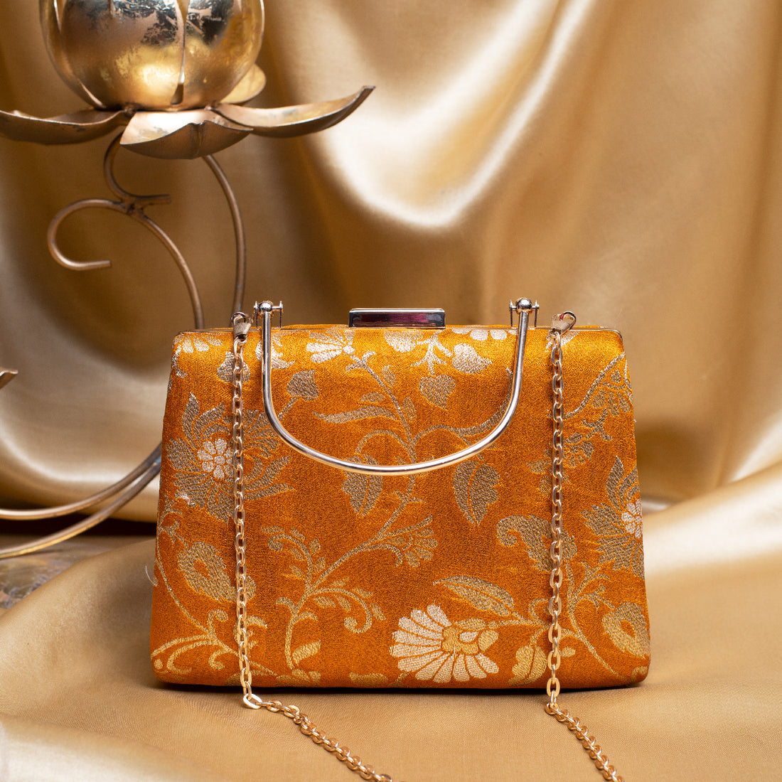 Artklim Yellow Based Silver Floral Pattern Printed Brocade Fabric Clutch