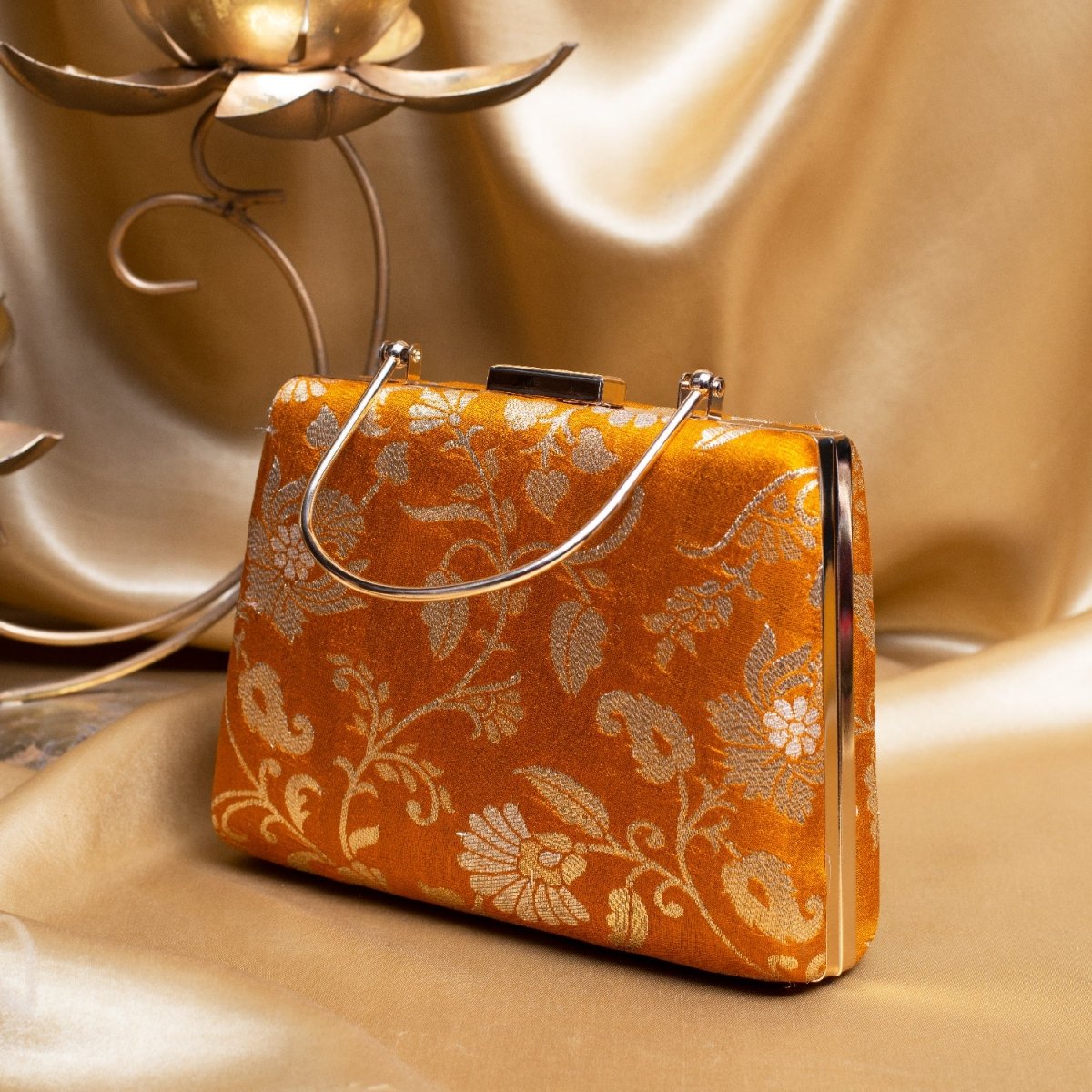 Artklim Yellow Based Silver Floral Pattern Printed Brocade Fabric Clutch