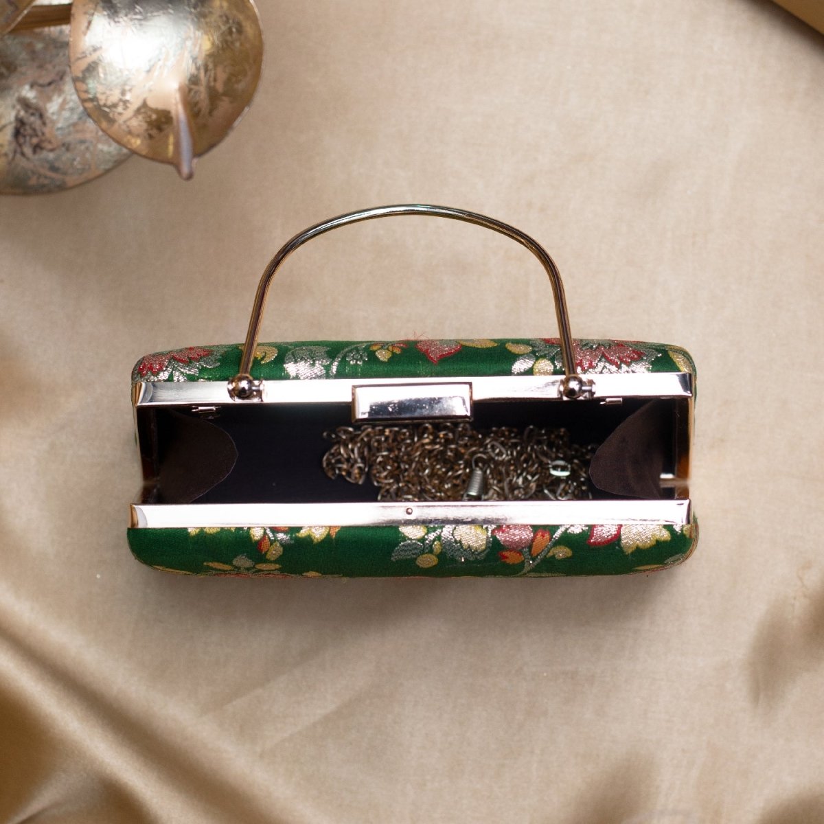Artklim Dark Olive Green Based Floral Pattern Printed Clutch