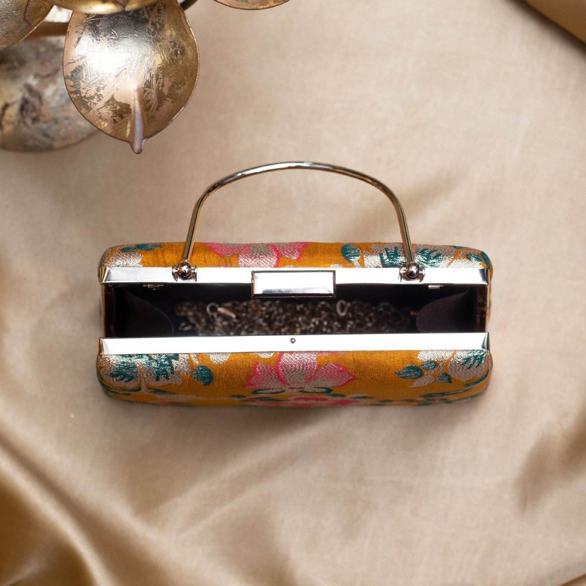 Artklim Yellow Based Pink Floral Printed Brocade Fabric Clutch
