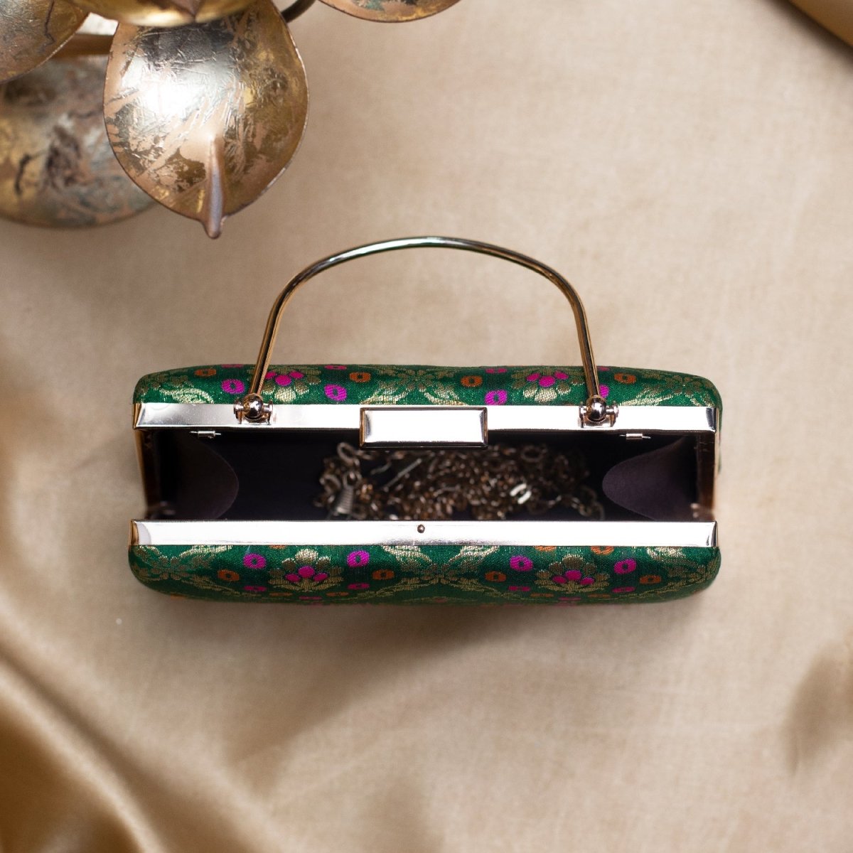 Artklim Green Based Pink Pattern Printed Brocade Fabric Clutch