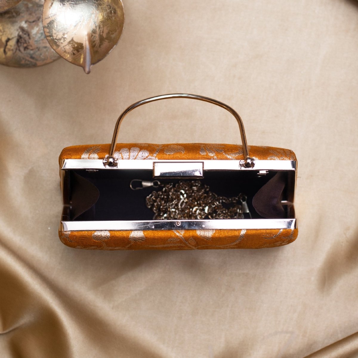 Artklim Yellow Based Silver Floral Pattern Printed Brocade Fabric Clutch