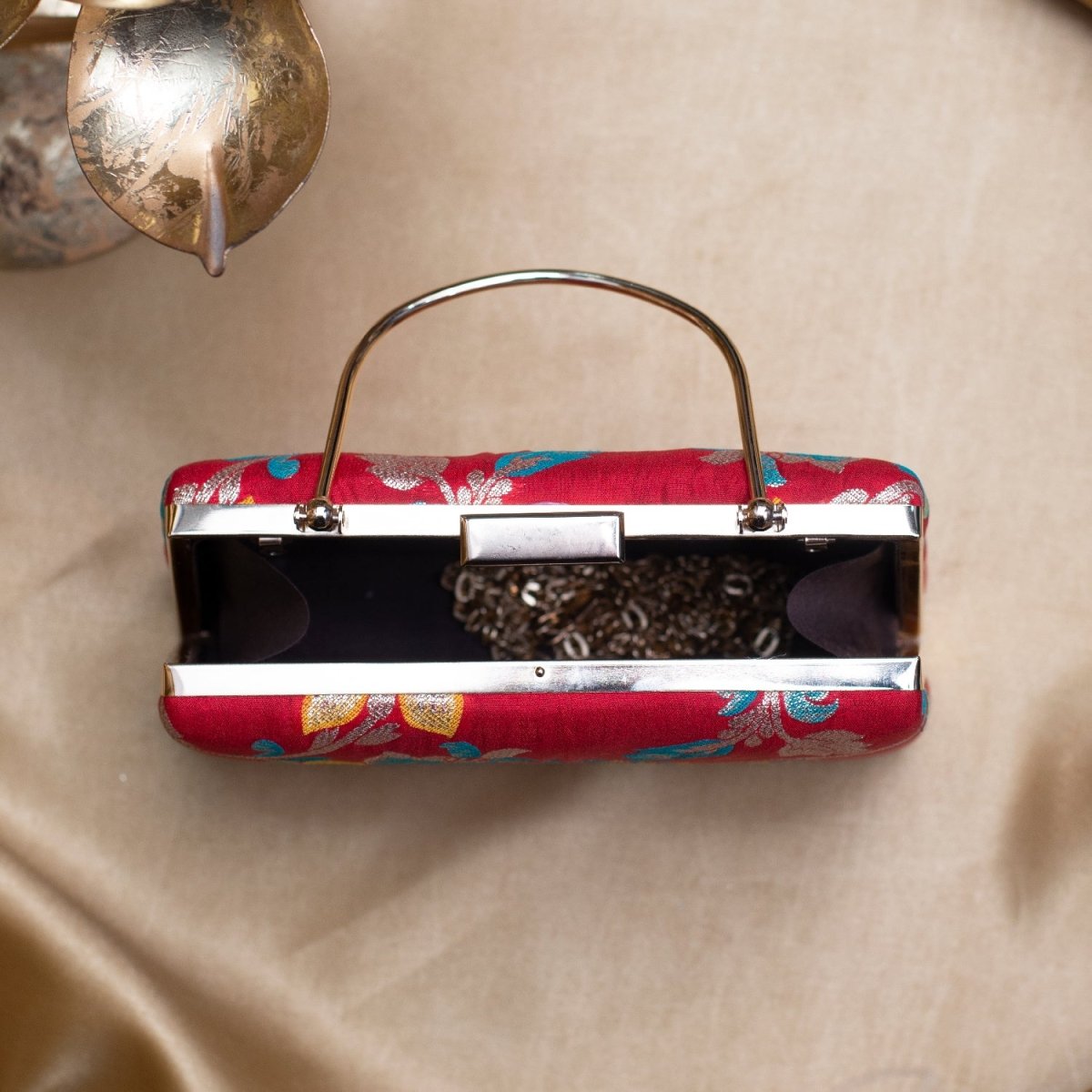 Artklim Red Based Yellow Floral Printed Brocade Fabric Clutch