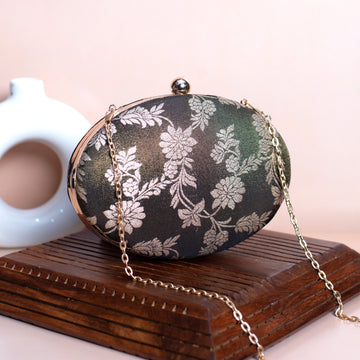 Artklim Black Based Silver Floral Pattern Brocade Fabric Oval Clutch