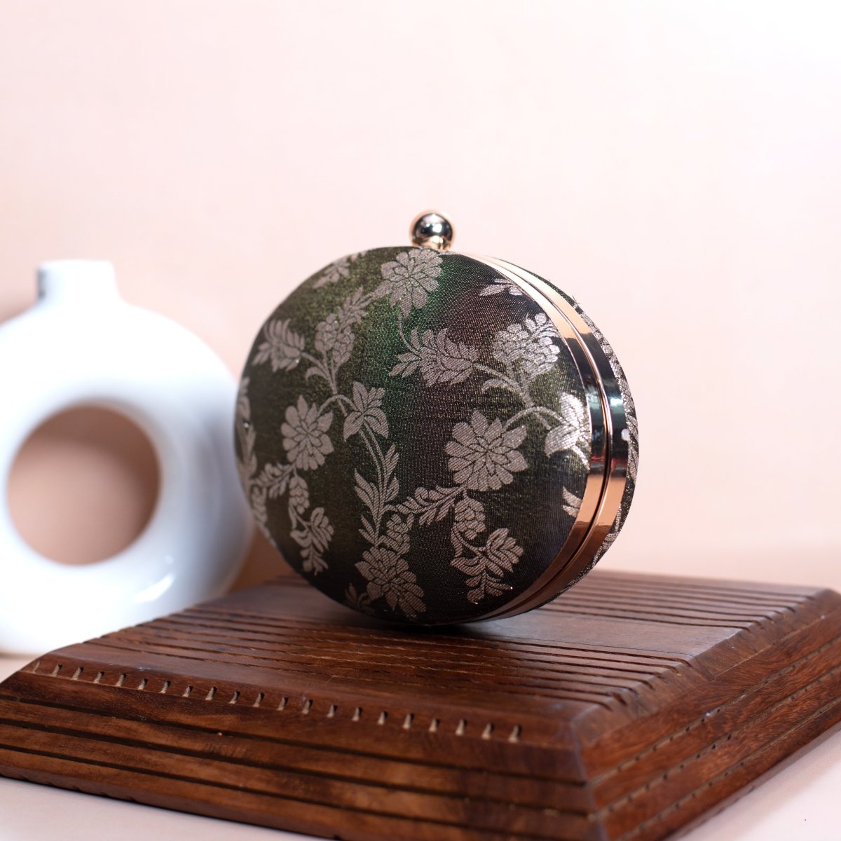 Artklim Black Based Silver Floral Pattern Brocade Fabric Oval Clutch