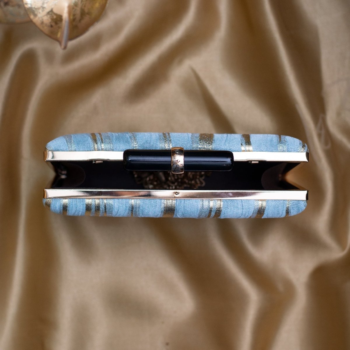 Artklim Pastel Blue And Golden Based Crushed Satin Fabric Clutch