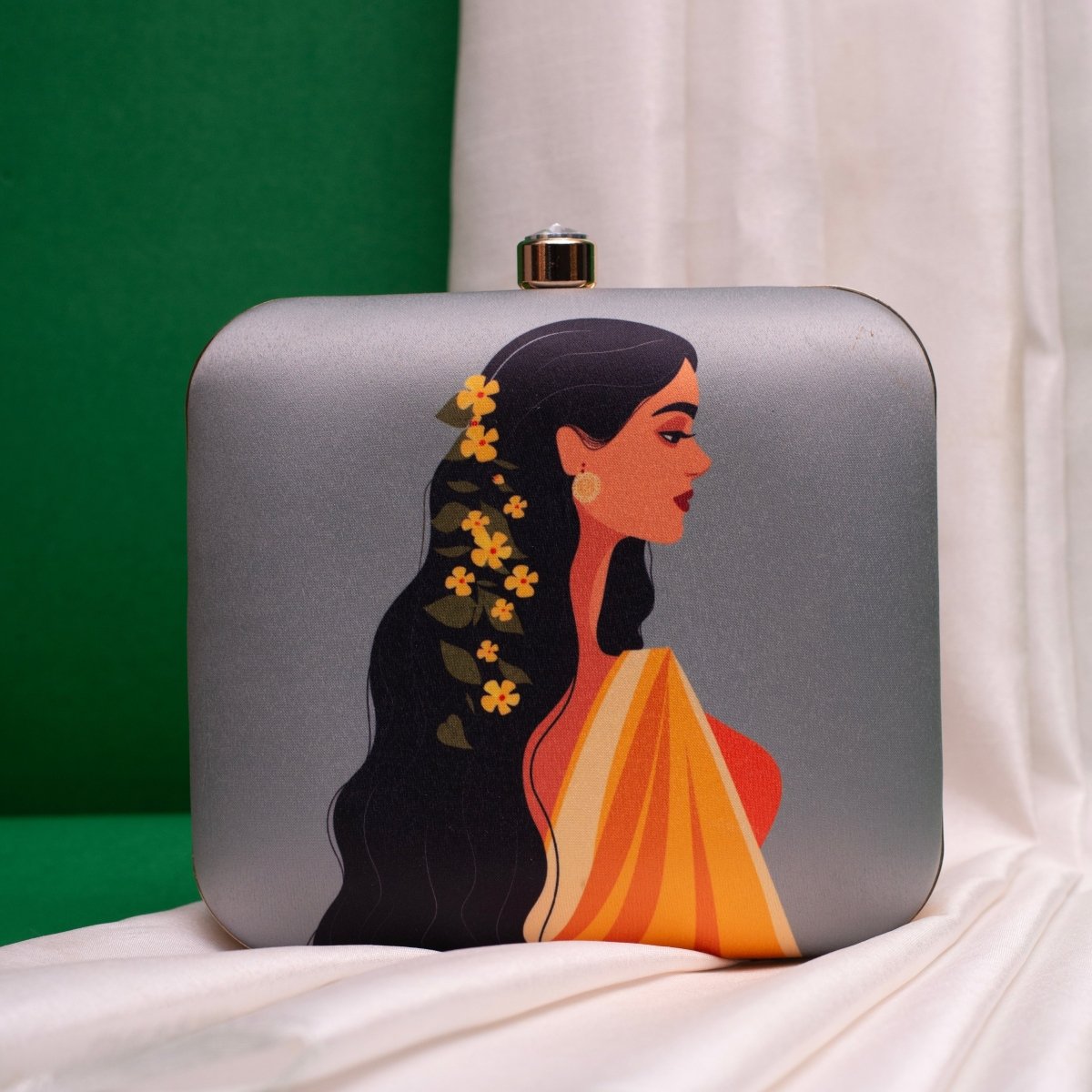 Grey Based Floral Hair Lady Printed Clutch
