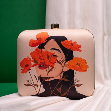 Off White Based Flower Girl Printed Clutch