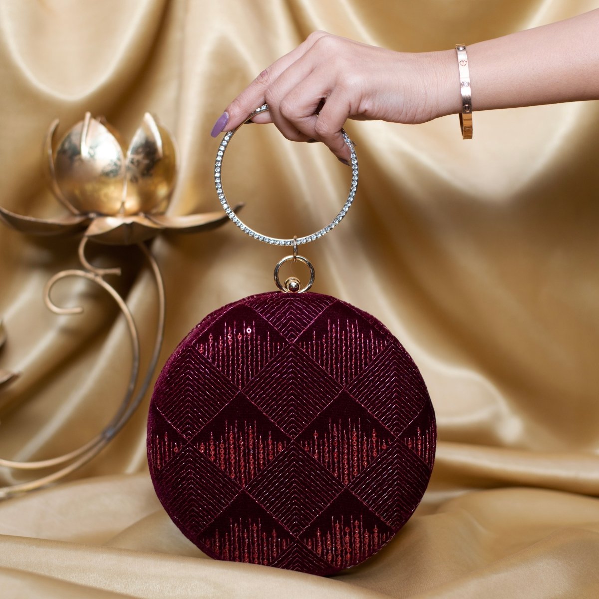 Artklim Maroon Based Threadwork And Sequins Embroidery Clutch