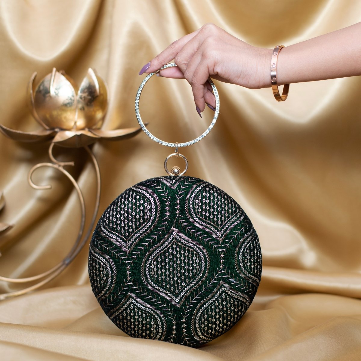 Artklim Dark Green Based Silver Threadwork And Sequins Embroidery Clutch