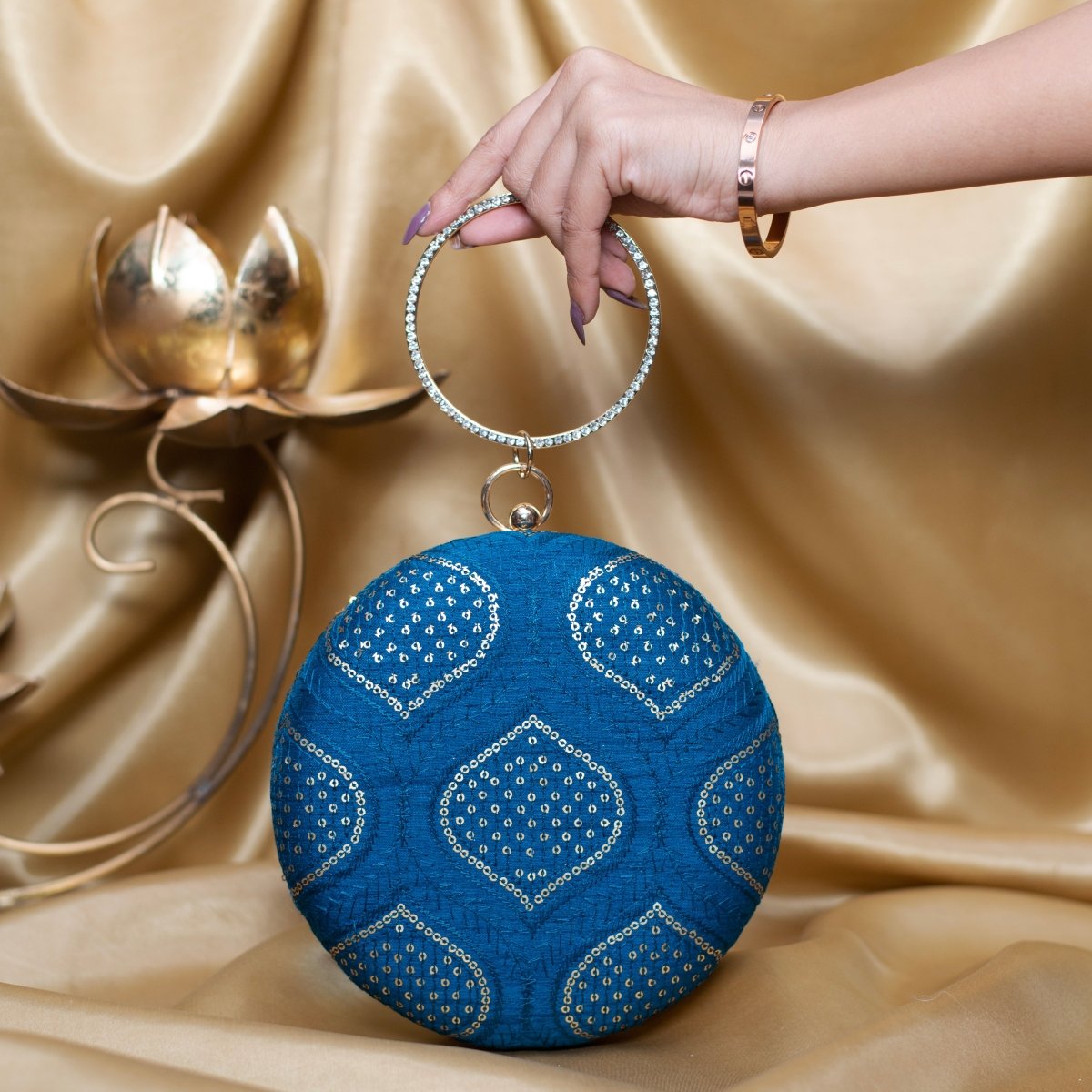 Artklim Blue Based Silver Sequins And Threadwork Embroidery Clutch