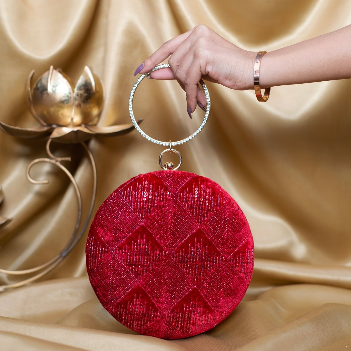 Artklim Red Based Silver Sequins Embroidery Clutch