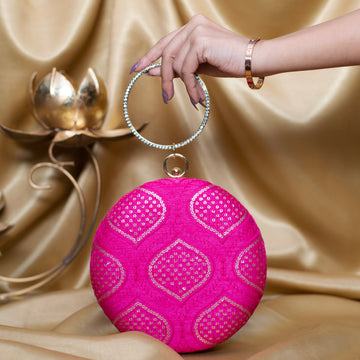 Artklim Magenta Pink Based Golden Sequins Embroidery Clutch