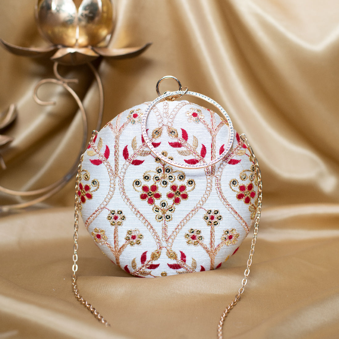 Artklim Off White Based Golden And Maroon Threadwork Embroidery Clutch