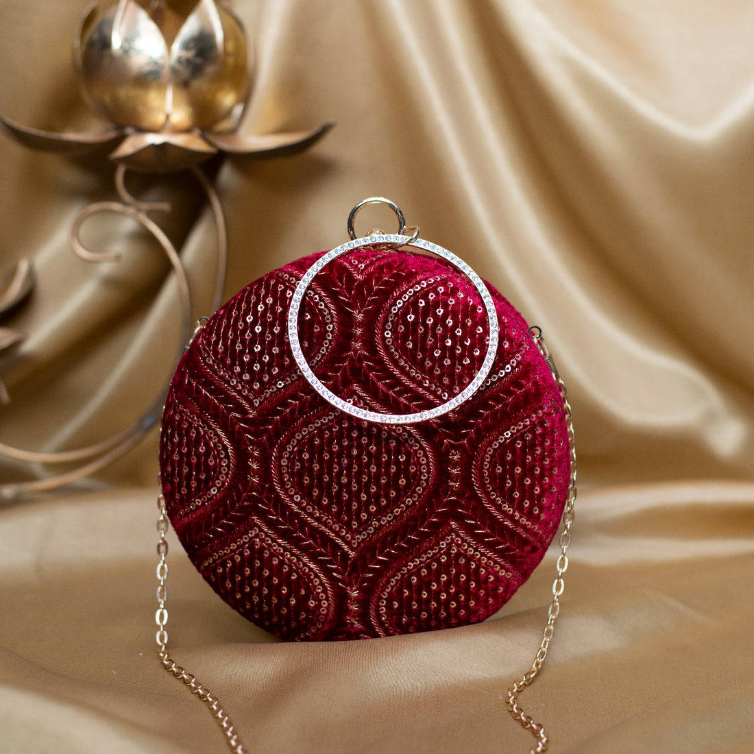 Artklim Maroon Based Golden Threadwork And Sequins Embroidery Clutch