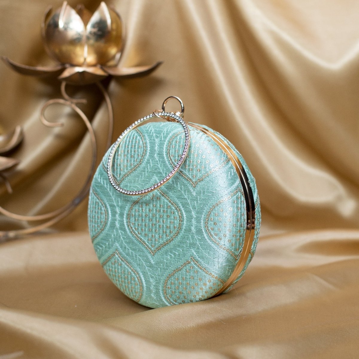 Artklim Light Blue Based Golden Sequins Embroidery Clutch