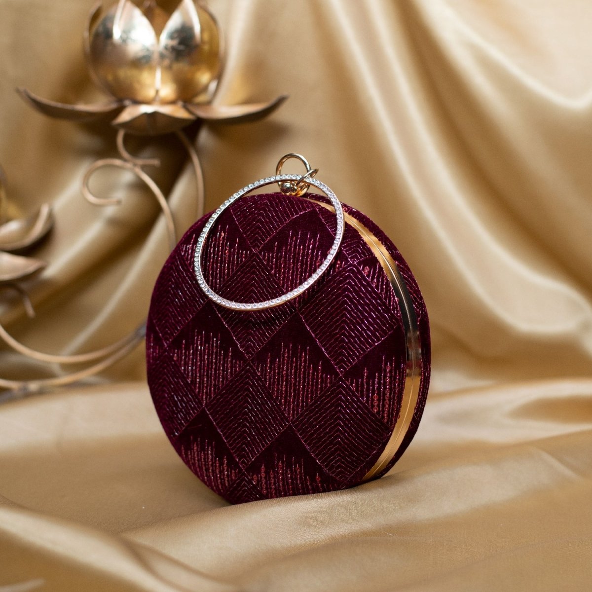 Artklim Maroon Based Threadwork And Sequins Embroidery Clutch
