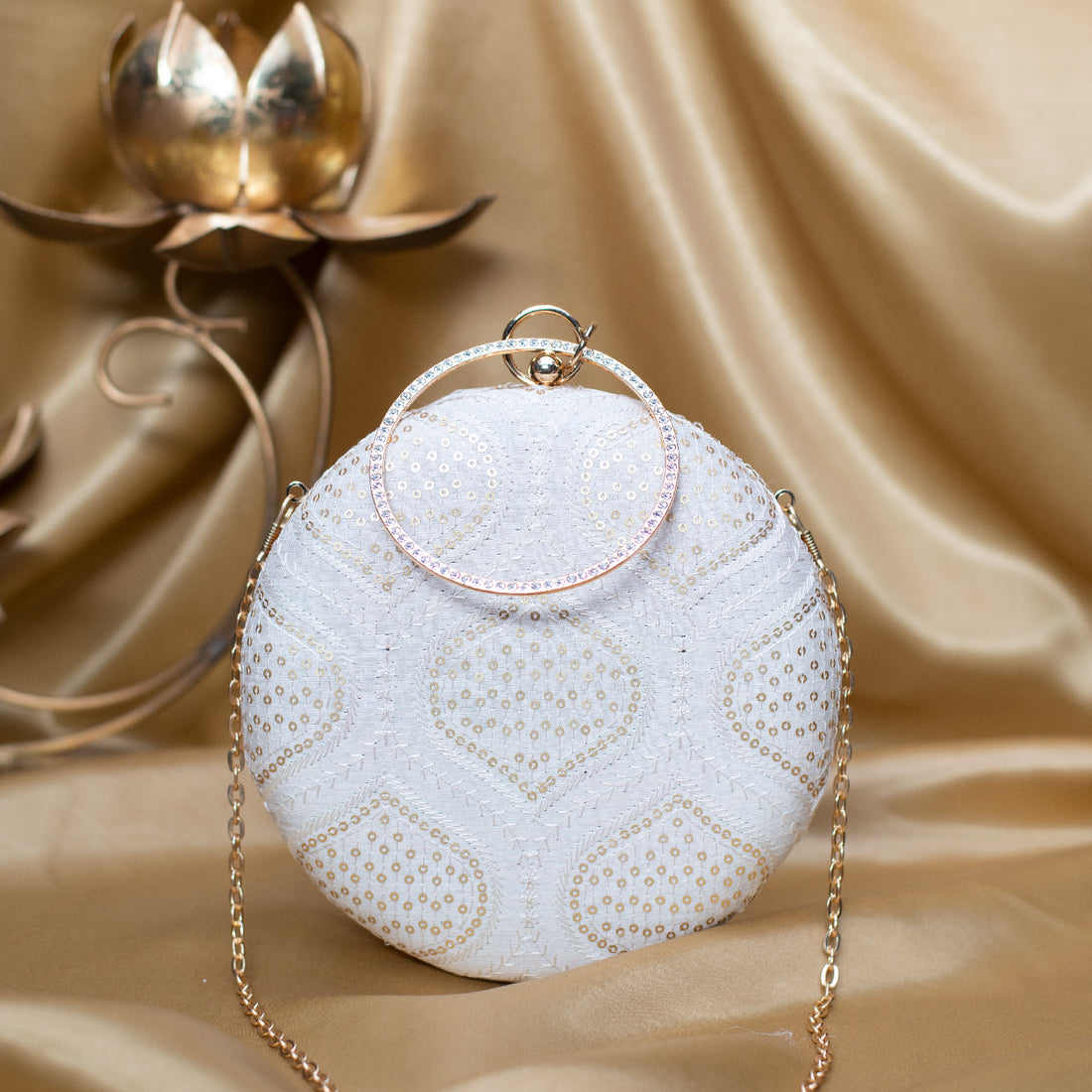 Artklim White Based Golden Sequins Embroidery Clutch