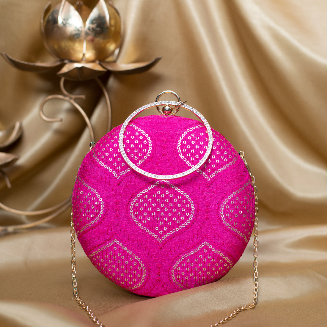 Artklim Magenta Pink Based Golden Sequins Embroidery Clutch