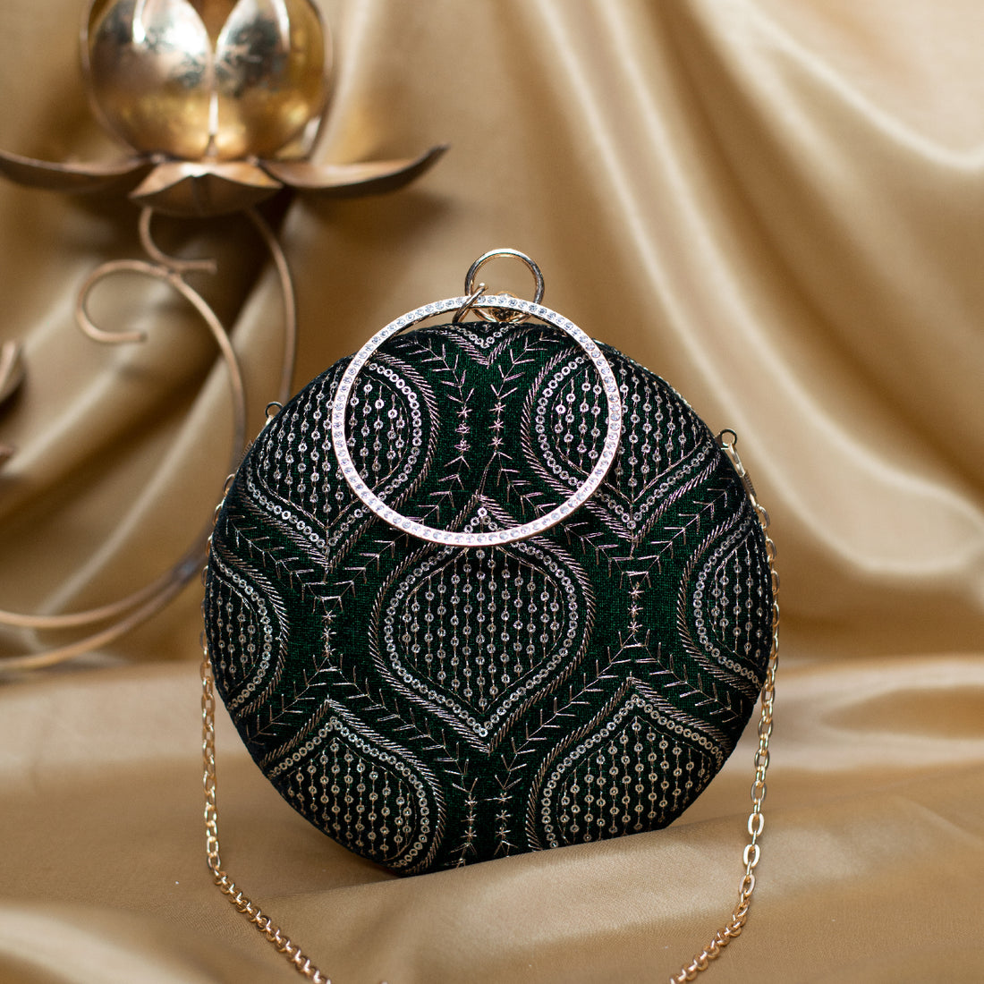 Artklim Dark Green Based Silver Threadwork And Sequins Embroidery Clutch