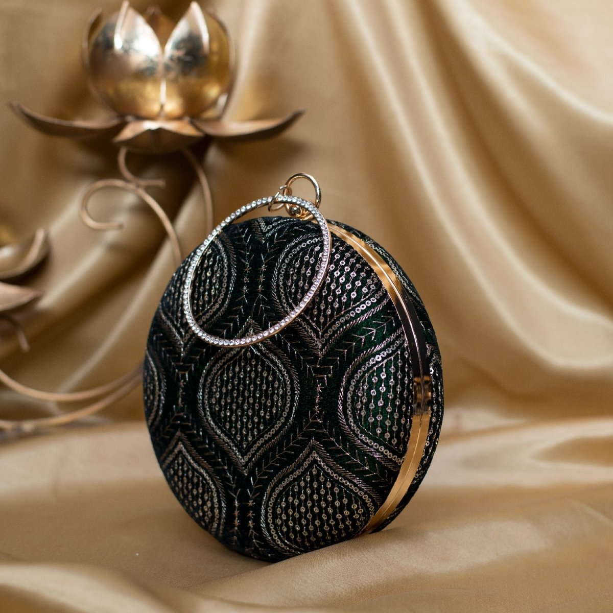 Artklim Dark Green Based Silver Threadwork And Sequins Embroidery Clutch